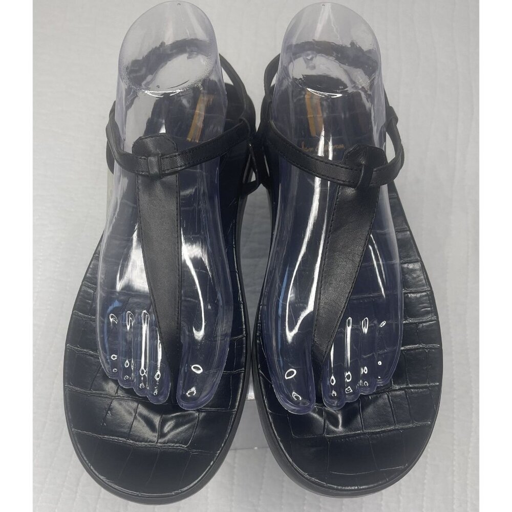 Sam Edelman Womens Naomi Black Croc-Embossed Leather T-Strap Thong Sandals SZ 9